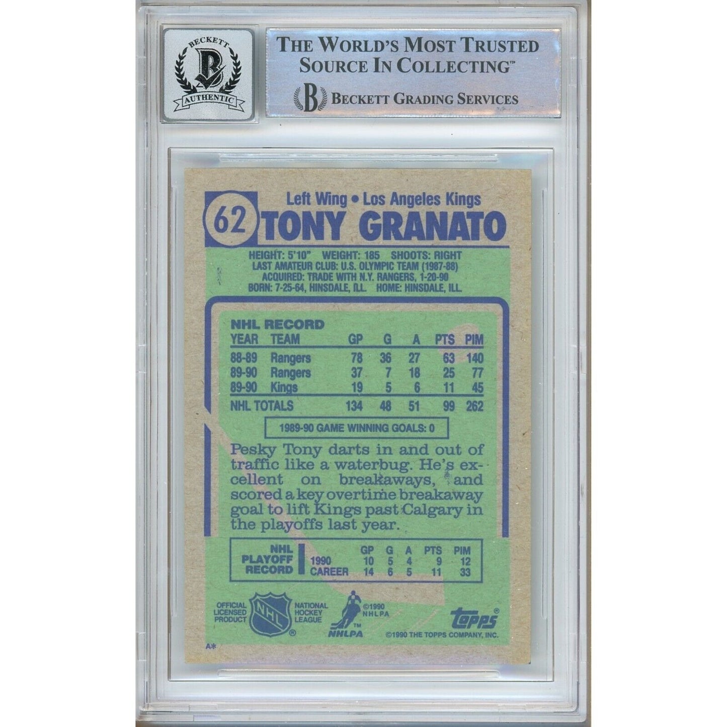 Hockey- Autographed- Tony Granato Los Angeles Kings Signed 1990-91 Topps Trading Card Beckett Authentic BGS Auto-10 Graded Slab Back