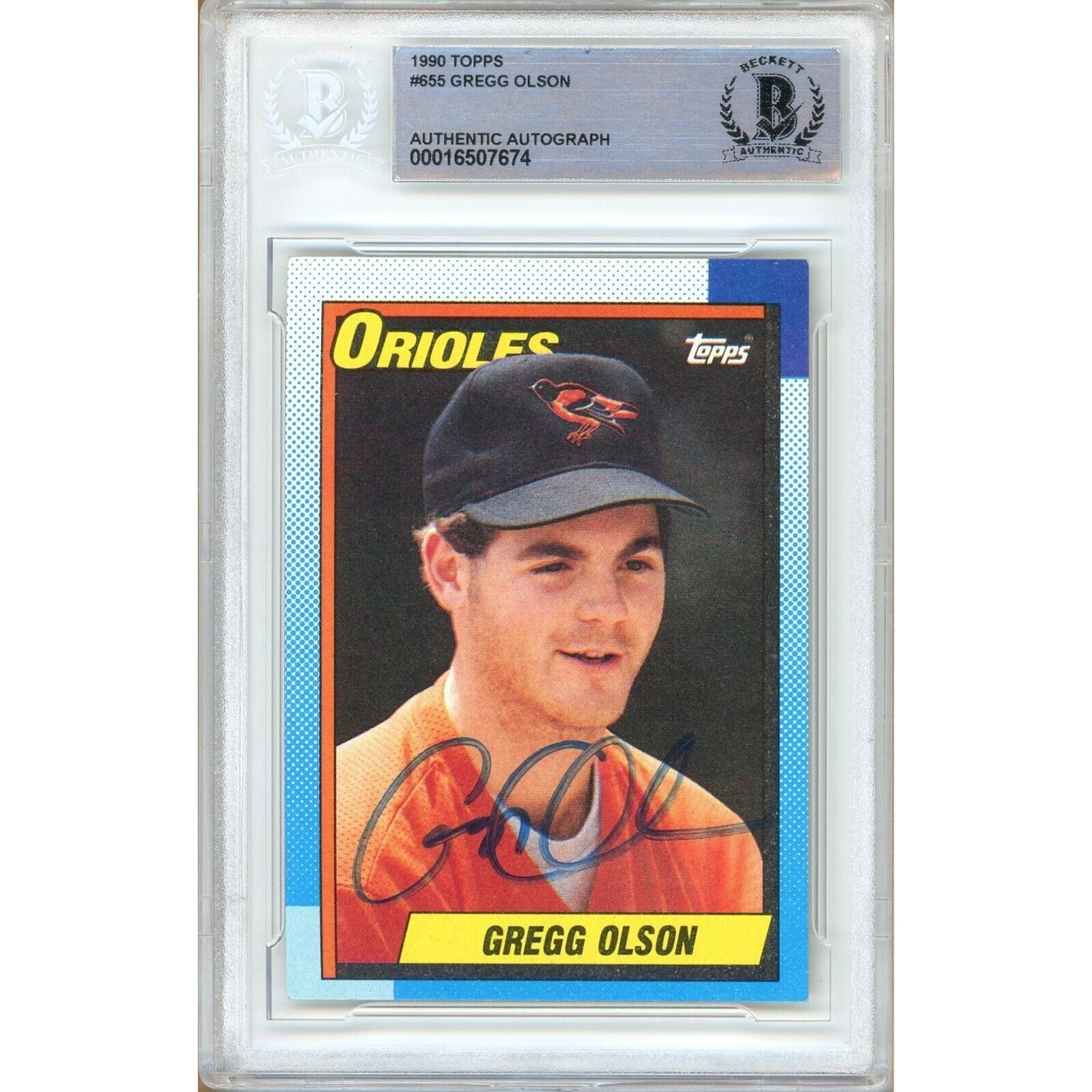 Baseballs- Autographed- Gregg Olson Baltimore Orioles Signed 1990 Topps Baseball Card Beckett Authentic Auto Slab Front