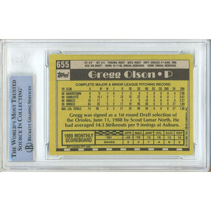 Baseballs- Autographed- Gregg Olson Baltimore Orioles Signed 1990 Topps Baseball Card Beckett Authentic Auto Slab Back