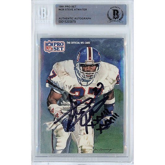 Footballs- Autographed- Steve Atwater Denver Broncos Signed 1991 NFL Pro Set Trading Card Beckett Authentic Auto Slab Front