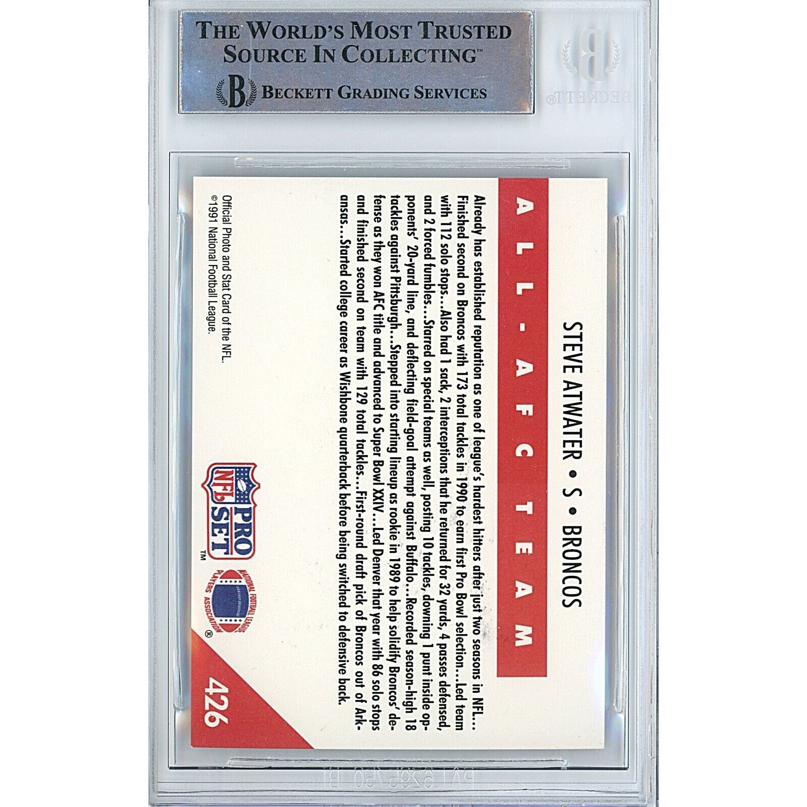 Steve Atwater Denver Broncos auto trading card – authentication sticker – Beckett COA