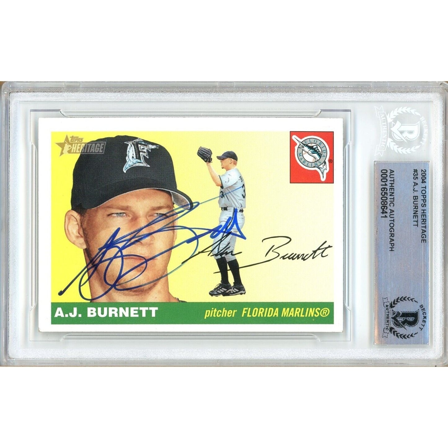 Baseballs- Autographed- AJ Burnett Miami Marlins Signed 2004 Topps Heritage Baseball Card Beckett Authentic Auto Slab Front