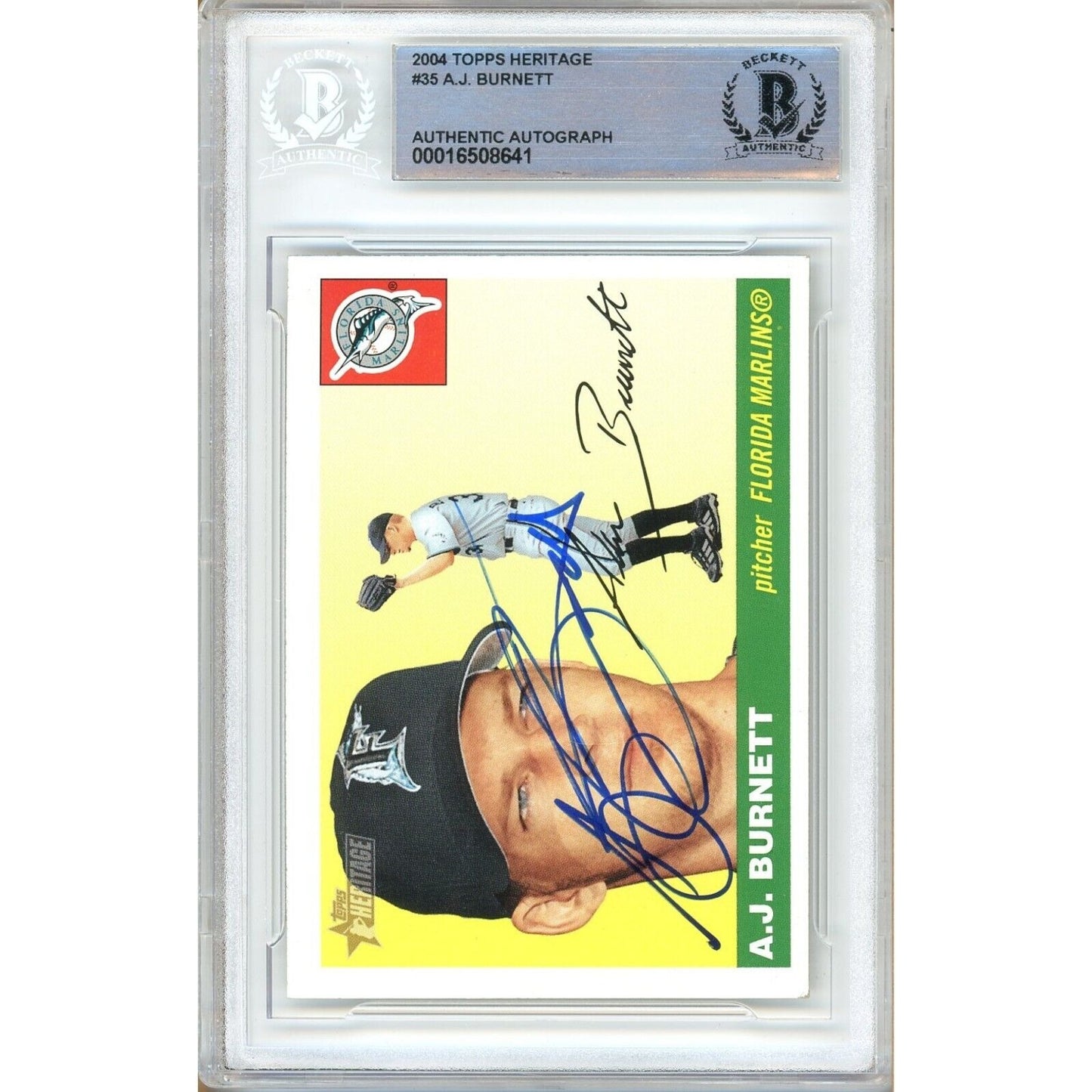 Baseballs- Autographed- AJ Burnett Florida Marlins Signed 2004 Topps Heritage Baseball Card Beckett Authentic Auto Slab Front