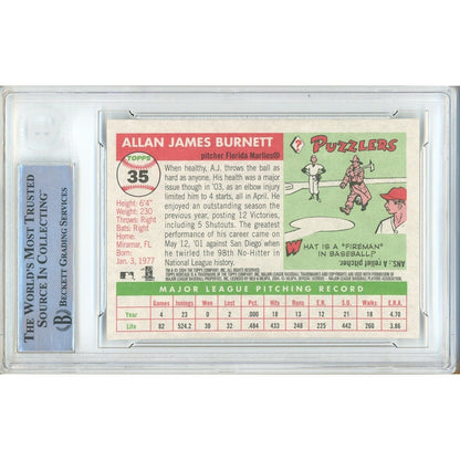 Baseballs- Autographed- AJ Burnett Miami Marlins Signed 2004 Topps Heritage Baseball Card Beckett Authentic Auto Slab Back