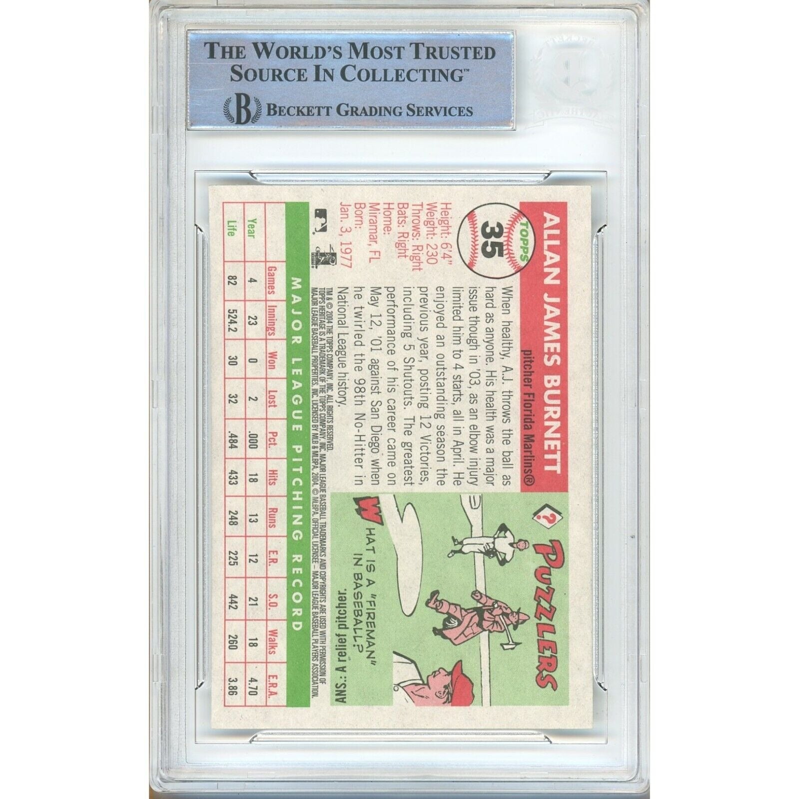 Aj Burnett Miami Marlins Autographed Trading Auto Card Beckett BAS