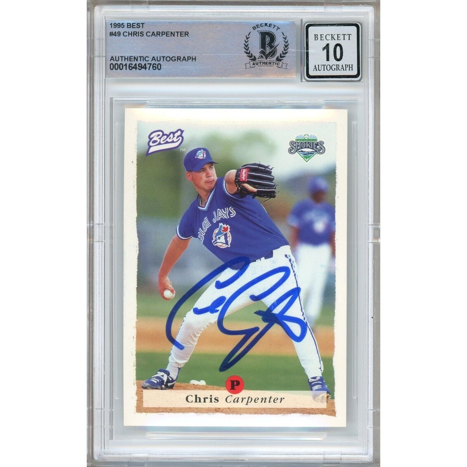 Baseballs- Autographed- Chris Carpenter Toronto Blue Jays Signed 1995 Best Rookie Baseball Card Beckett Authentic BGS Auto-10 Graded Slab Front