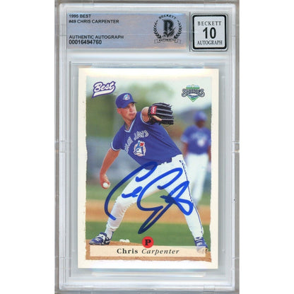 Baseballs- Autographed- Chris Carpenter Toronto Blue Jays Signed 1995 Best Rookie Baseball Card Beckett Authentic BGS Auto-10 Graded Slab Front