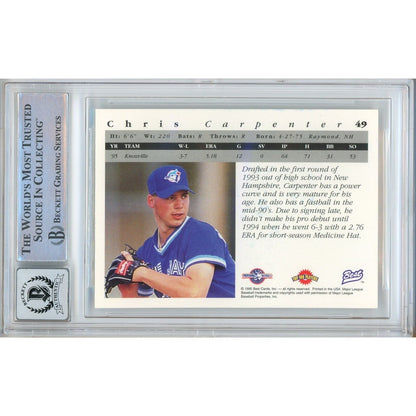 Baseballs- Autographed- Chris Carpenter Toronto Blue Jays Signed 1995 Best Rookie Baseball Card Beckett Authentic BGS Auto-10 Graded Slab Back