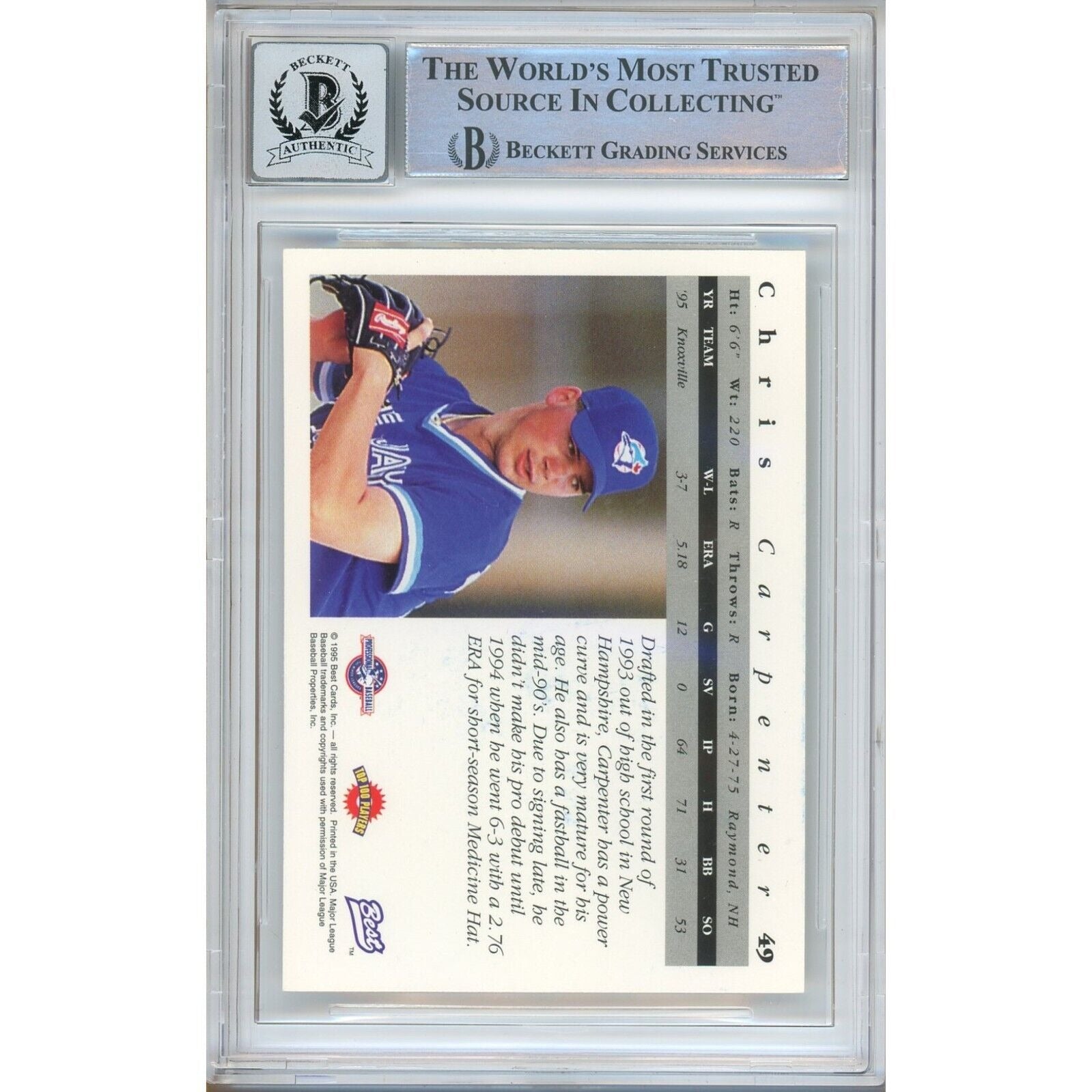 Baseballs- Autographed- Chris Carpenter Toronto Blue Jays Signed 1995 Best Rookie Baseball Card Beckett Authenticated BGS Auto-10 Graded Slab Back