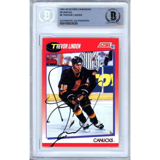 Hockey- Autographed- Trevor Linden Vancouver Canucks Signed 1991-92 Score Canadian Trading Card Beckett Authentic Auto Slab Front