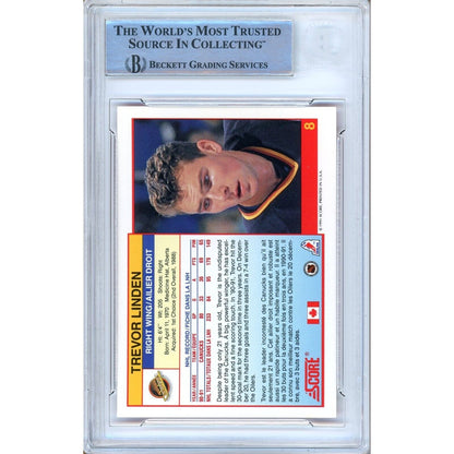 Hockey- Autographed- Trevor Linden Vancouver Canucks Signed 1991-92 Score Canadian Trading Card Beckett Authenticated Auto Slab Back