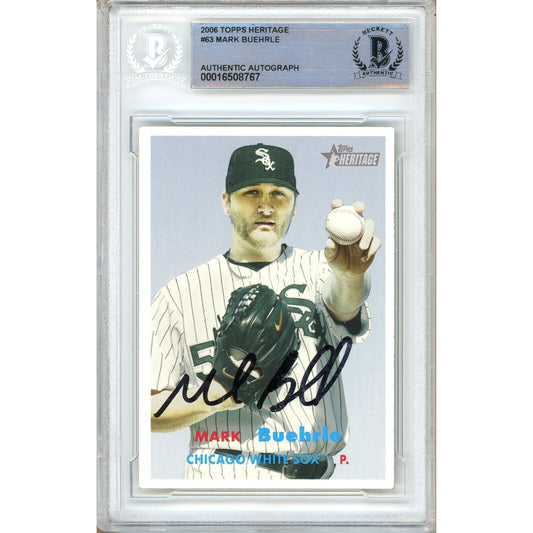 Baseballs- Autographed- Mark Buehrle Chicago White Sox Signed 2006 Topps Heritage Baseball Card Beckett Authentic Auto Slab Front