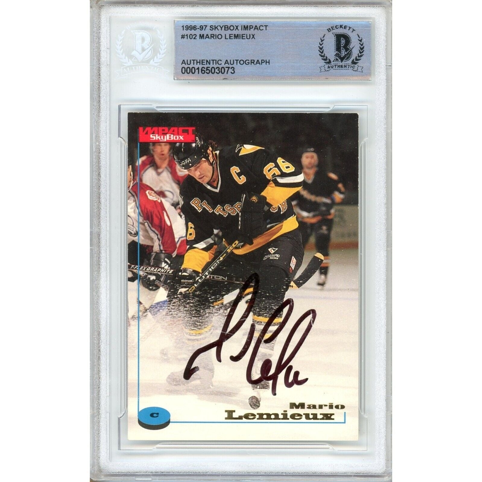 Hockey- Autographed- Mario Lemieux Pittsburgh Penguins Signed 1996-97 Skybox Impact Hockey Card Beckett Authentic Auto Slab Front