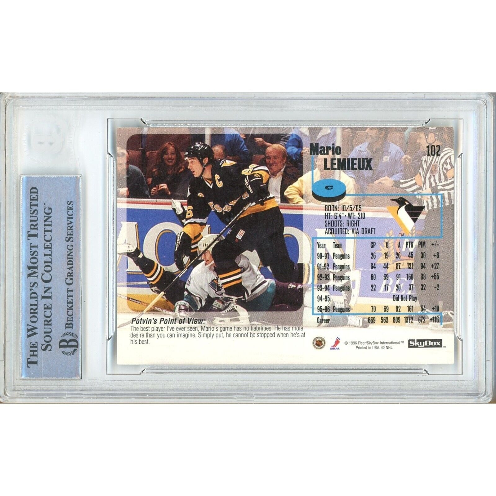 Hockey- Autographed- Mario Lemieux Pittsburgh Penguins Signed 1996-97 Skybox Impact Hockey Card Beckett Authentic Auto Slab Back