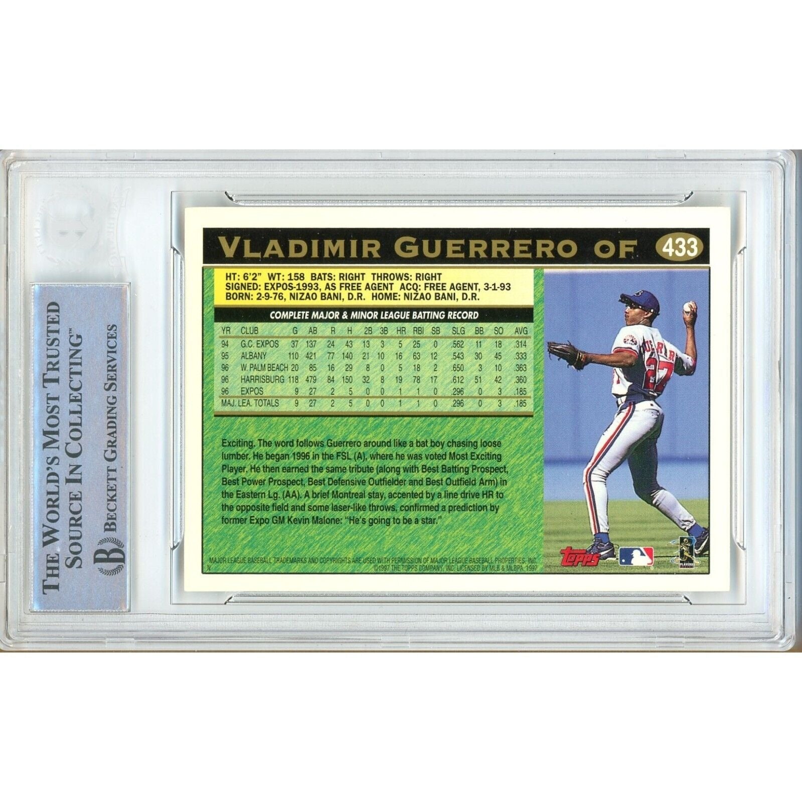 Baseballs- Autographed- Vladimir Guerrero Montreal Expos Signed 1997 Topps Trading Card Beckett Authentic Auto Slab Back