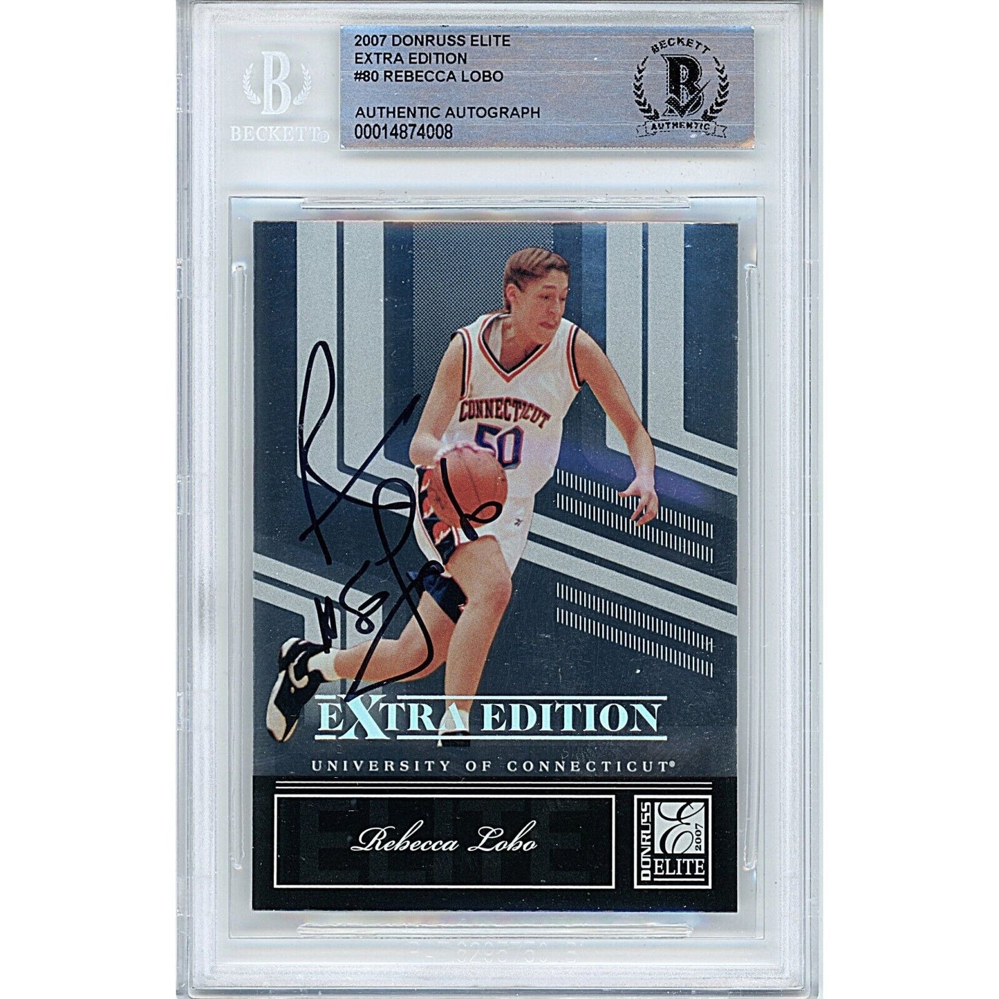 Basketball- Autographed- Rebecca Lobo Uconn Huskies Signed 2007 Donruss Elite Extra Edition Trading Card Beckett Authentic Auto Slab Front