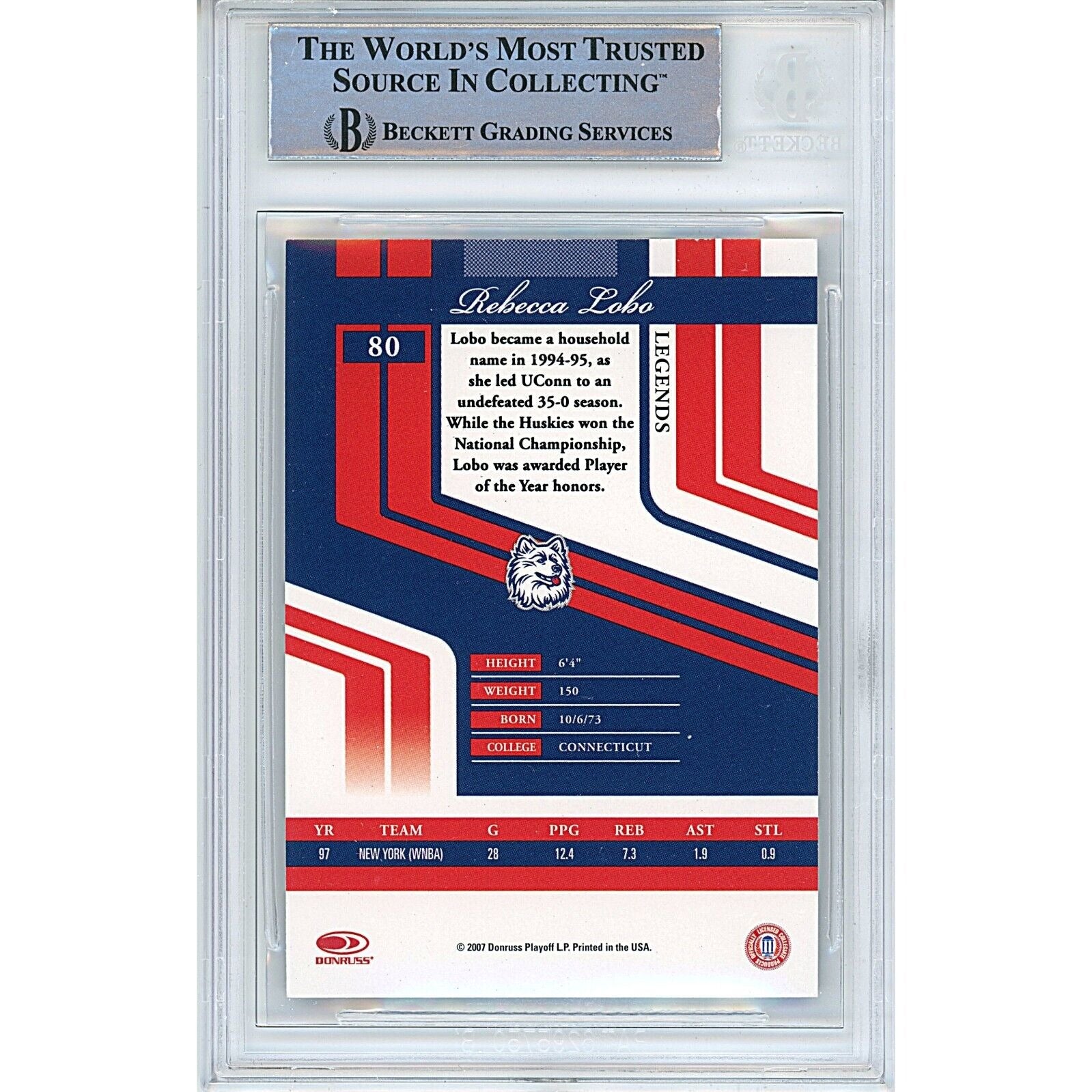 Rebecca Lobo Uconn Huskies signed trading card – signature close-up – Beckett COA