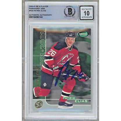 Hockey- Autographed- Patrik Elias New Jersey Devils Signed 2000-01 Be A Player Parkhurst 2000 Hockey Card Beckett Authentic Auto Slab Front