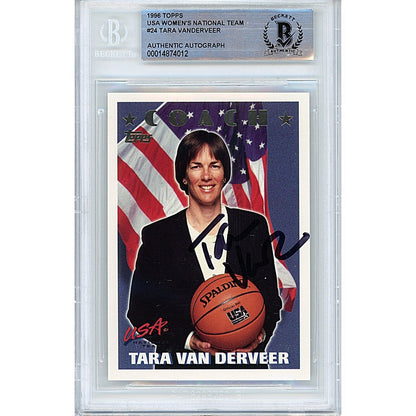 Basketballs- Autographed- Tara Vanderveer Team USA Signed 1996 Topps Olympics Trading Card Beckett Authentic Auto Slab Front