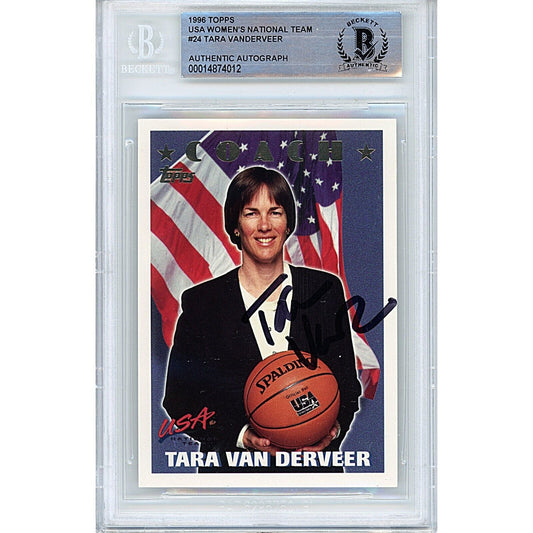 Basketballs- Autographed- Tara Vanderveer Team USA Signed 1996 Topps Olympics Trading Card Beckett Authentic Auto Slab Front