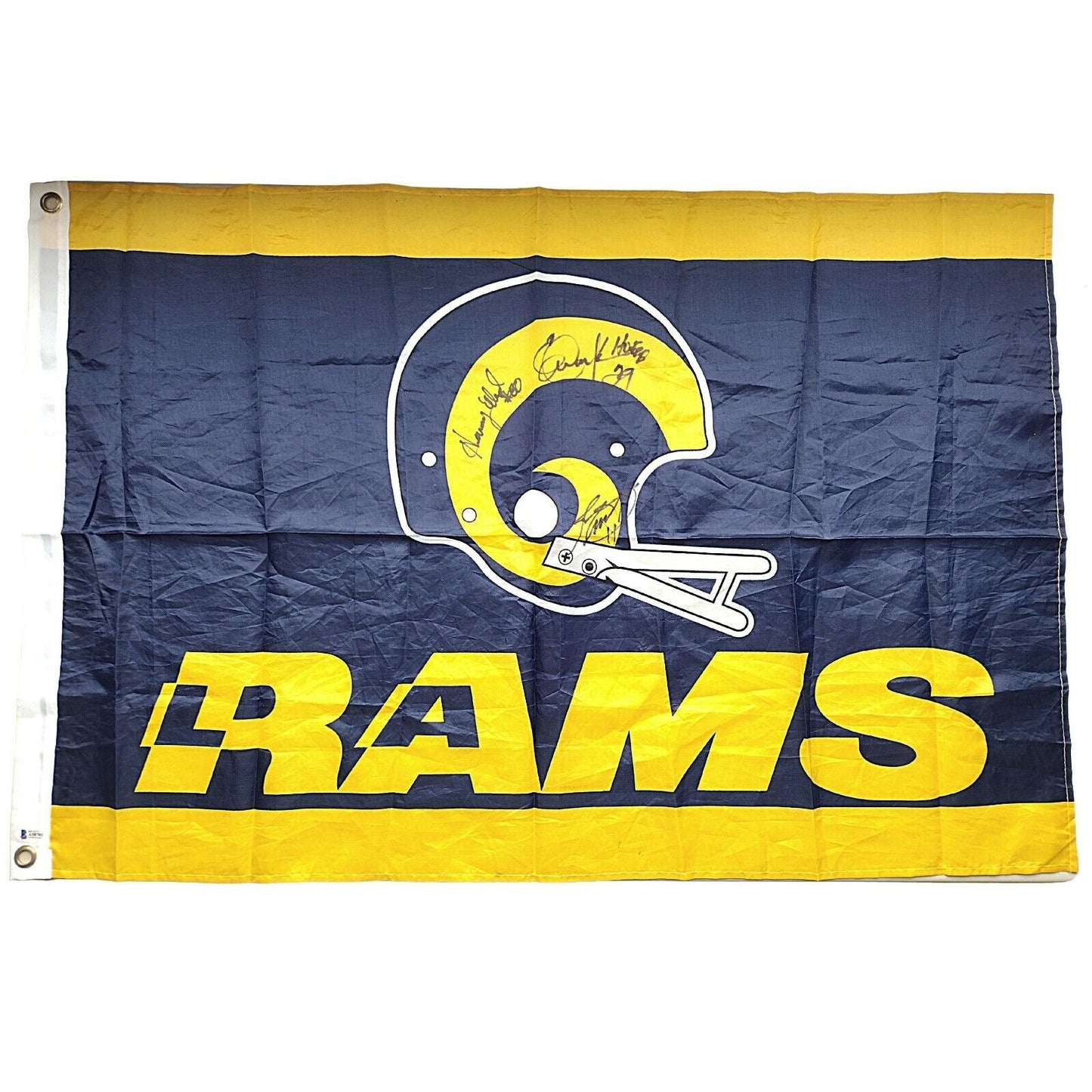 Los Angeles Rams Football Flag Autographed by Eric Dickerson, Jim Everett and Henry Ellard.