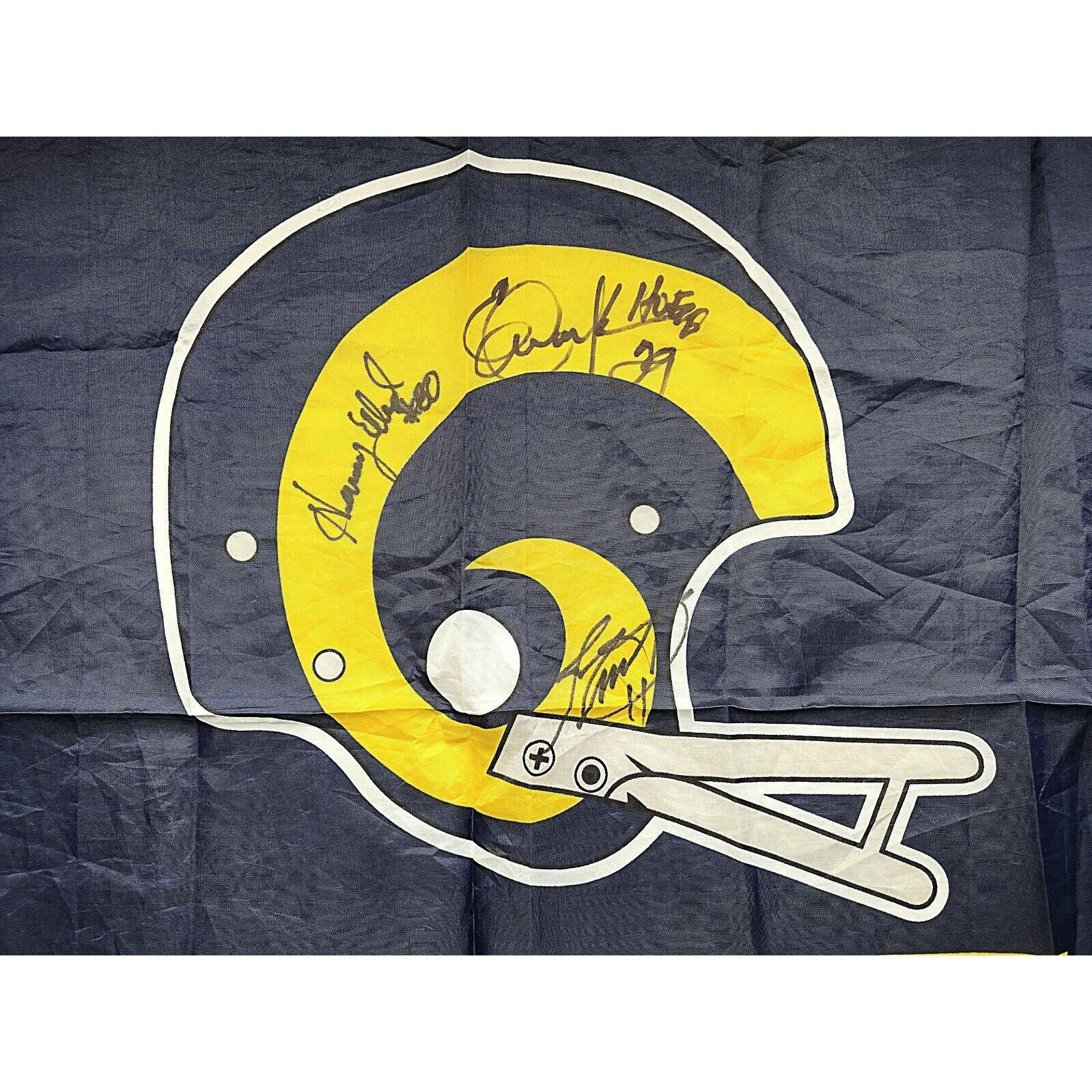 Los Angeles Rams Football Flag signed by Eric Dickerson, Jim Everett and Henry Ellard.