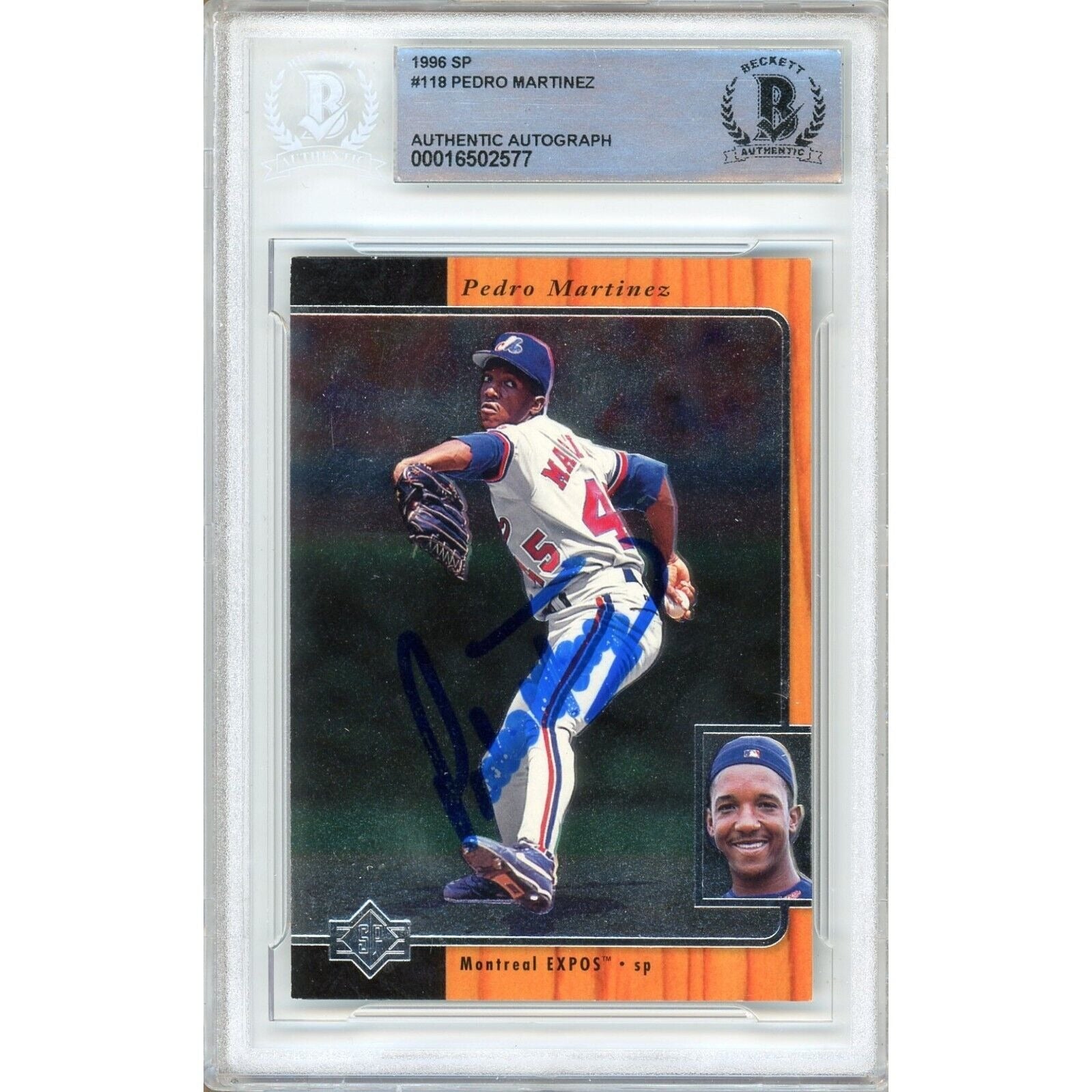 Pedro Martinez Montreal Expos autographed trading card – full view – Beckett COA