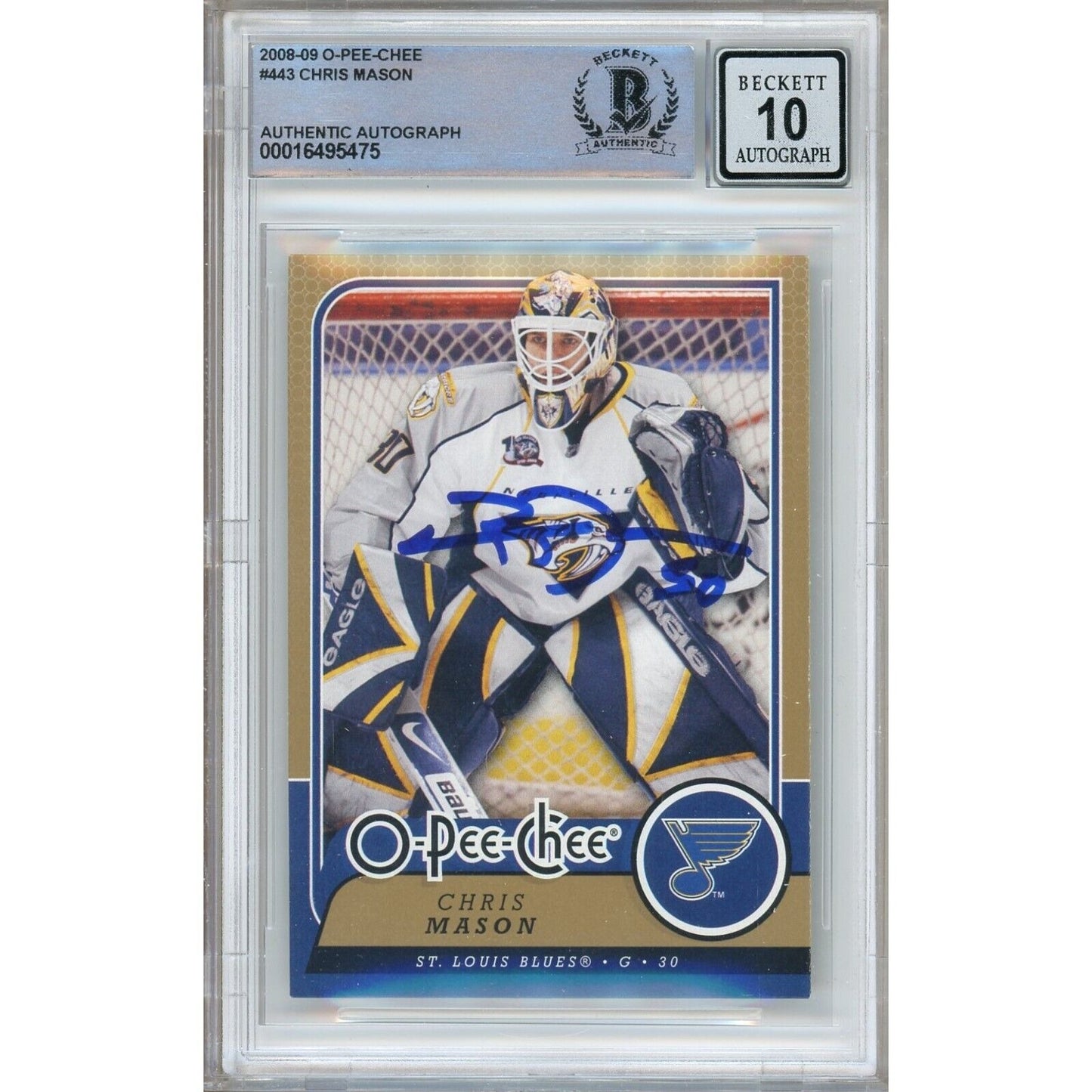 Hockey- Autographed- Chris Mason St Louis Blues 2008-09 O-Pee-Chee Hockey Card Beckett Authentic BGS Auto-10 Graded Slab Front