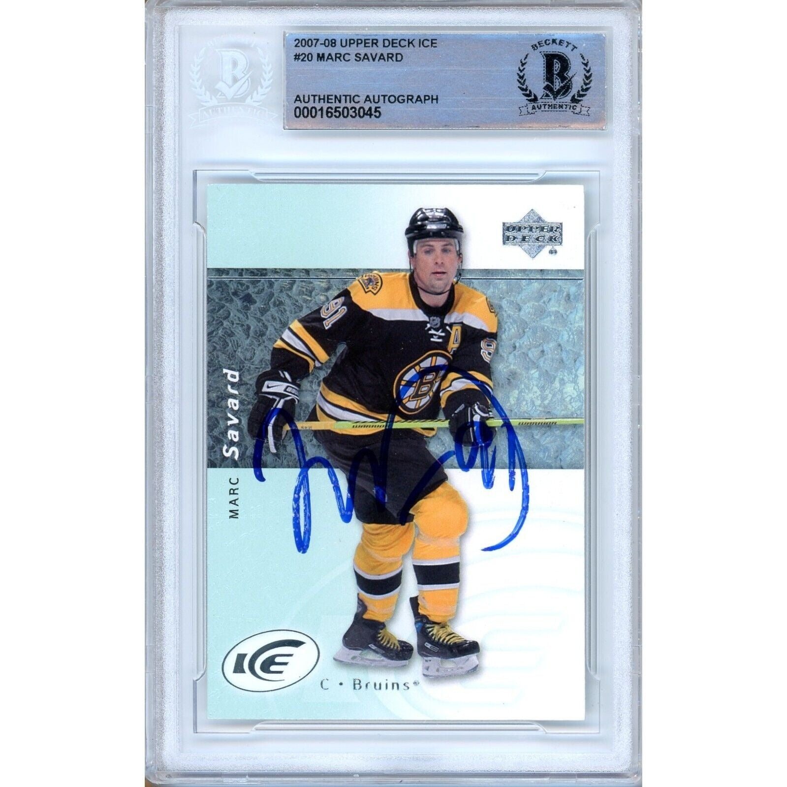 Marc Savard Boston Bruins autographed trading card – full view – Beckett COA