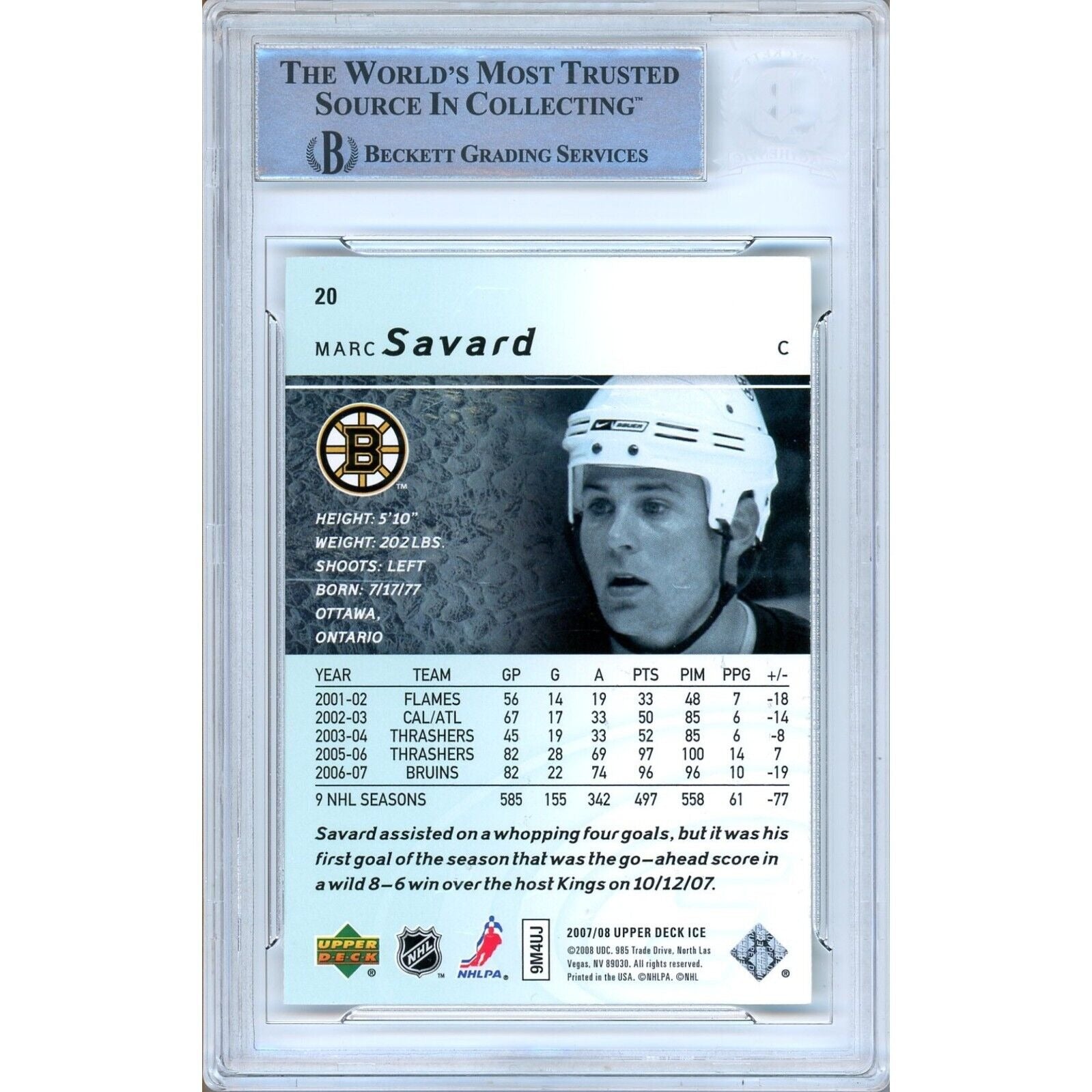 Marc Savard Boston Bruins signed trading card – signature close-up – Beckett COA
