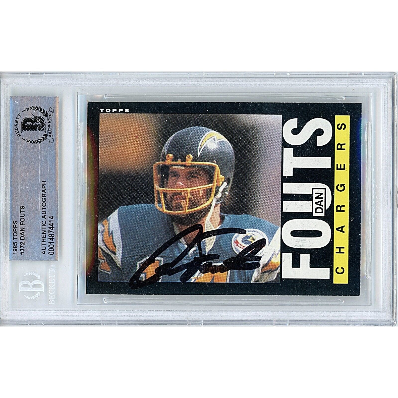 Footballs- Autographed- Dan Fouts Los Angeles Chargers Signed 1985 Topps Football Card Beckett Authentic Auto Slab Front