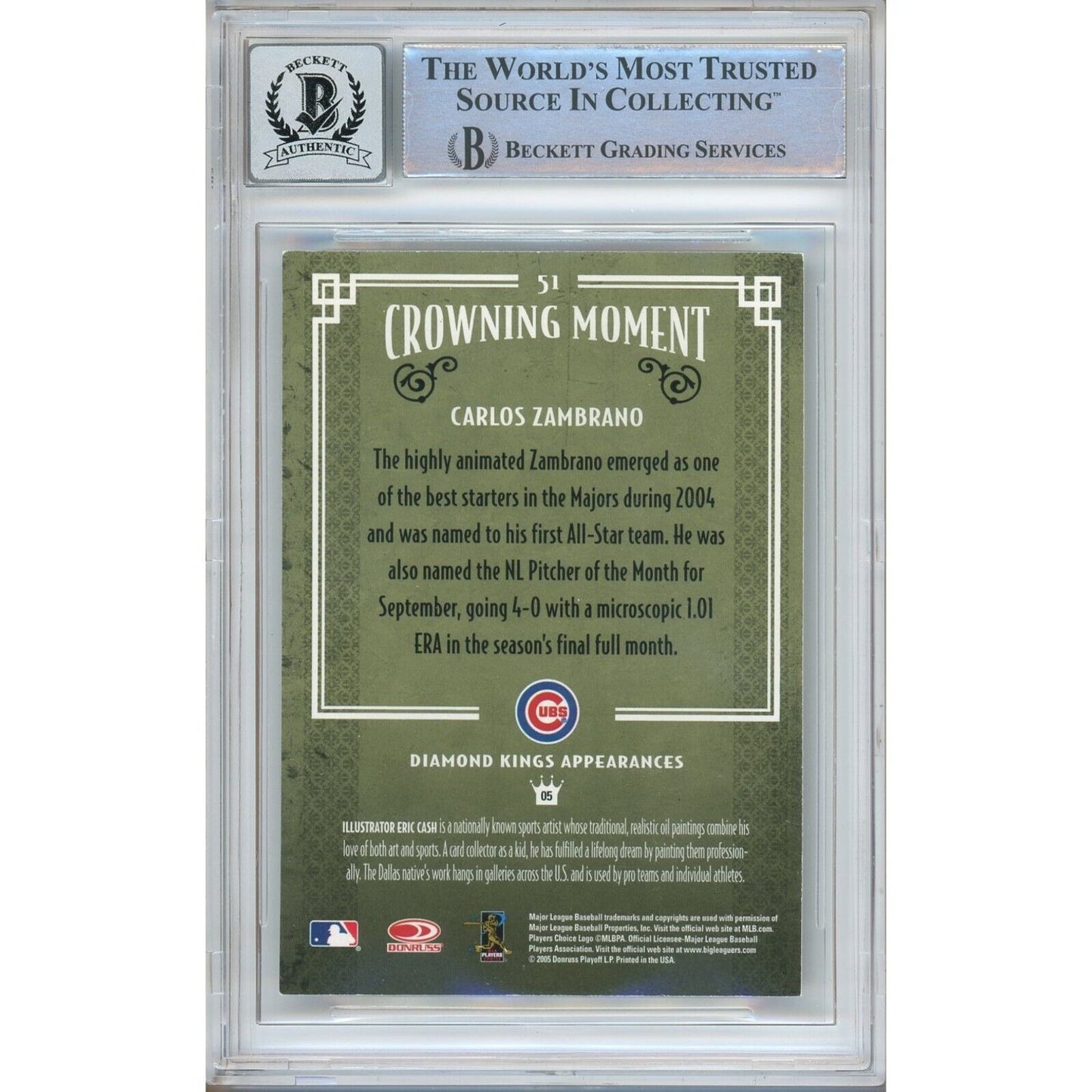 Baseballs- Autographed- Carlos Zambrano Chicago Cubs Signed 2005 Donruss Diamond Kings Baseball Card Beckett Authentic BGS Auto-10 Graded Slab Back