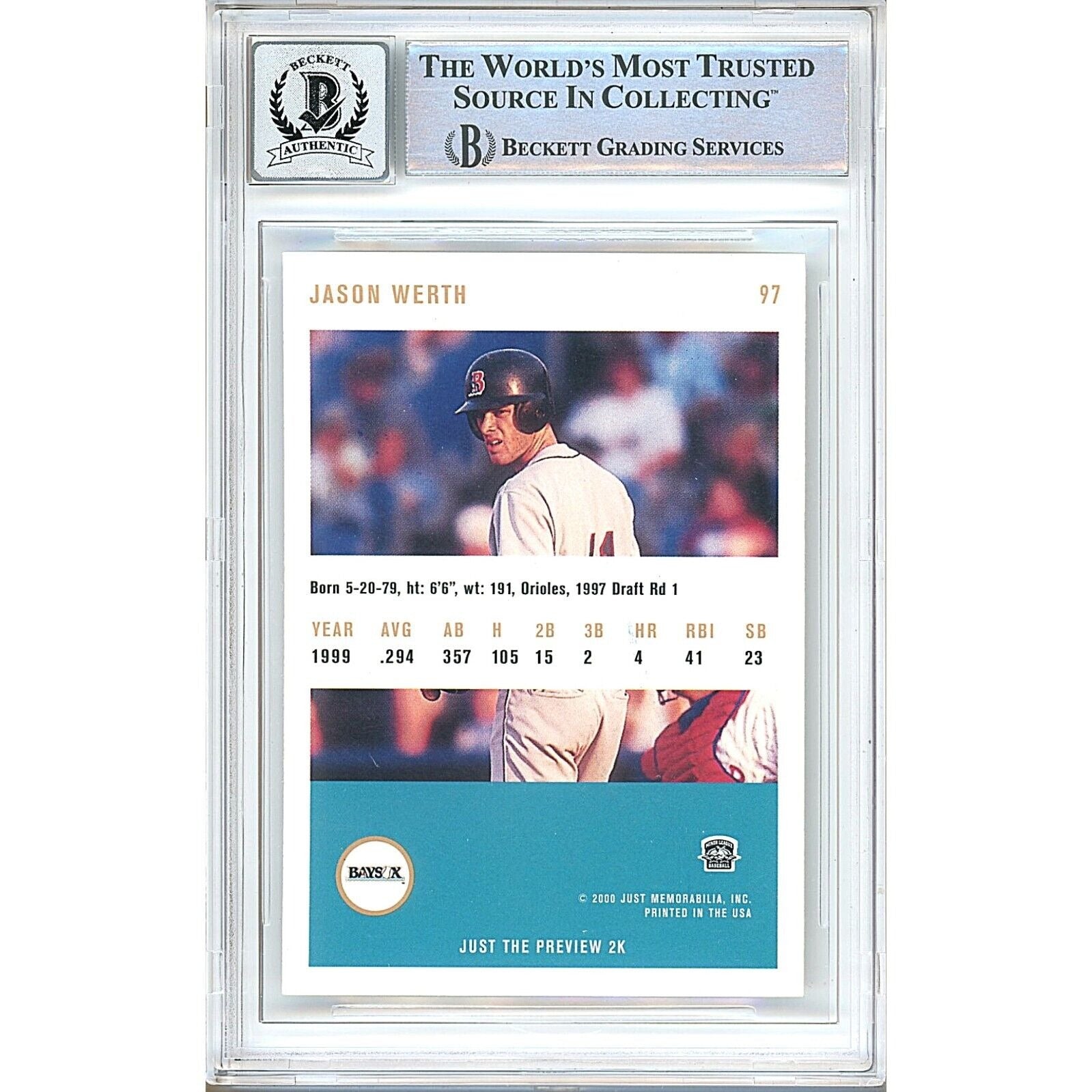 Baseballs- Autographed- Jayson Werth Washington Nationals Signed 2000 Just Baseball Card Beckett Authentic BGS Auto-10 Graded Slab Back