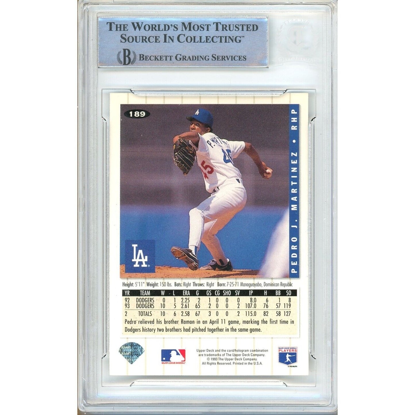 Baseballs- Autographed- Pedro Martinez Los Angeles Dodgers Signed 1994 Upper Deck Collectors Choice Baseball Card Beckett Authentic Auto Slab Back