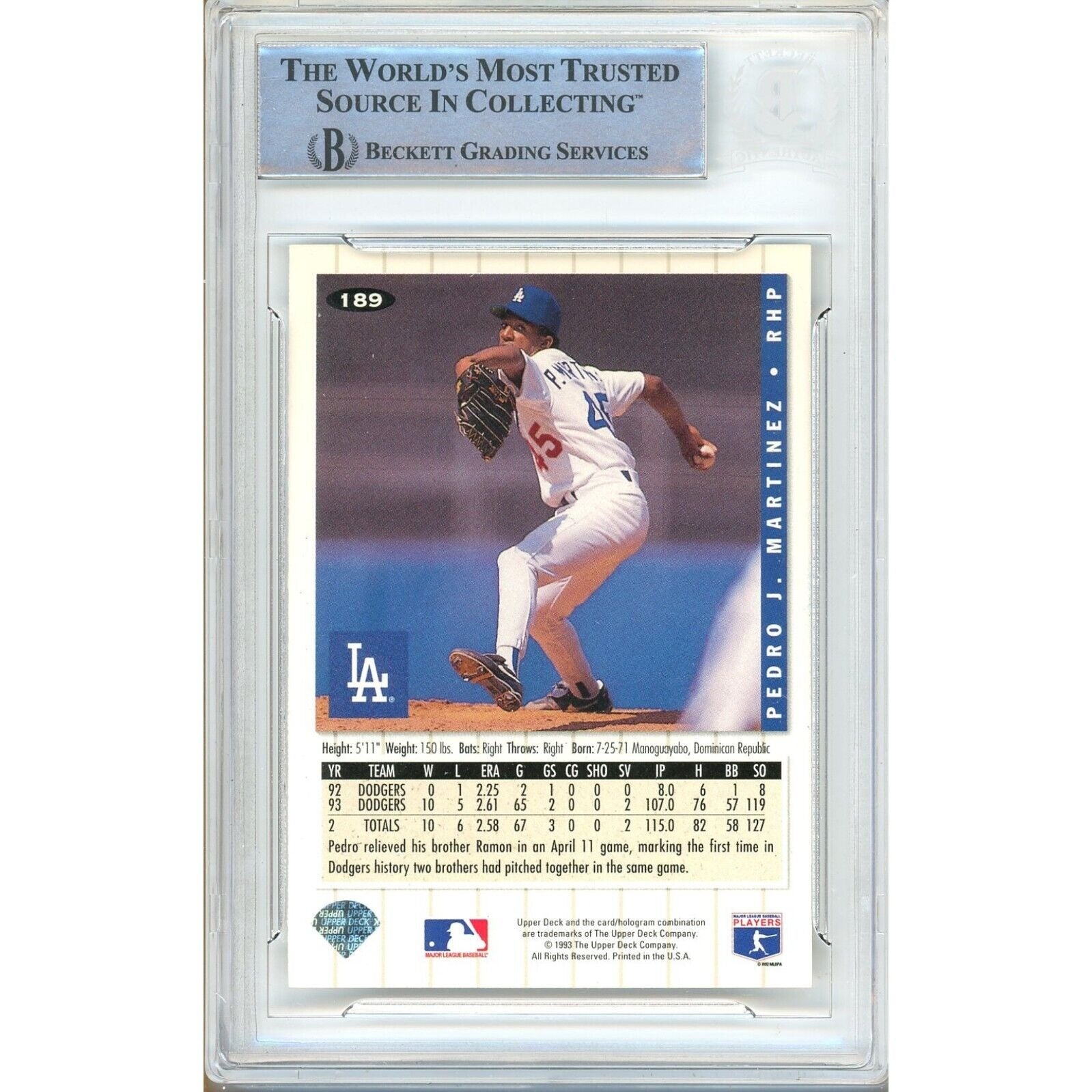 Pedro Martinez Los Angeles Dodgers signed trading card – signature close-up – Beckett COA