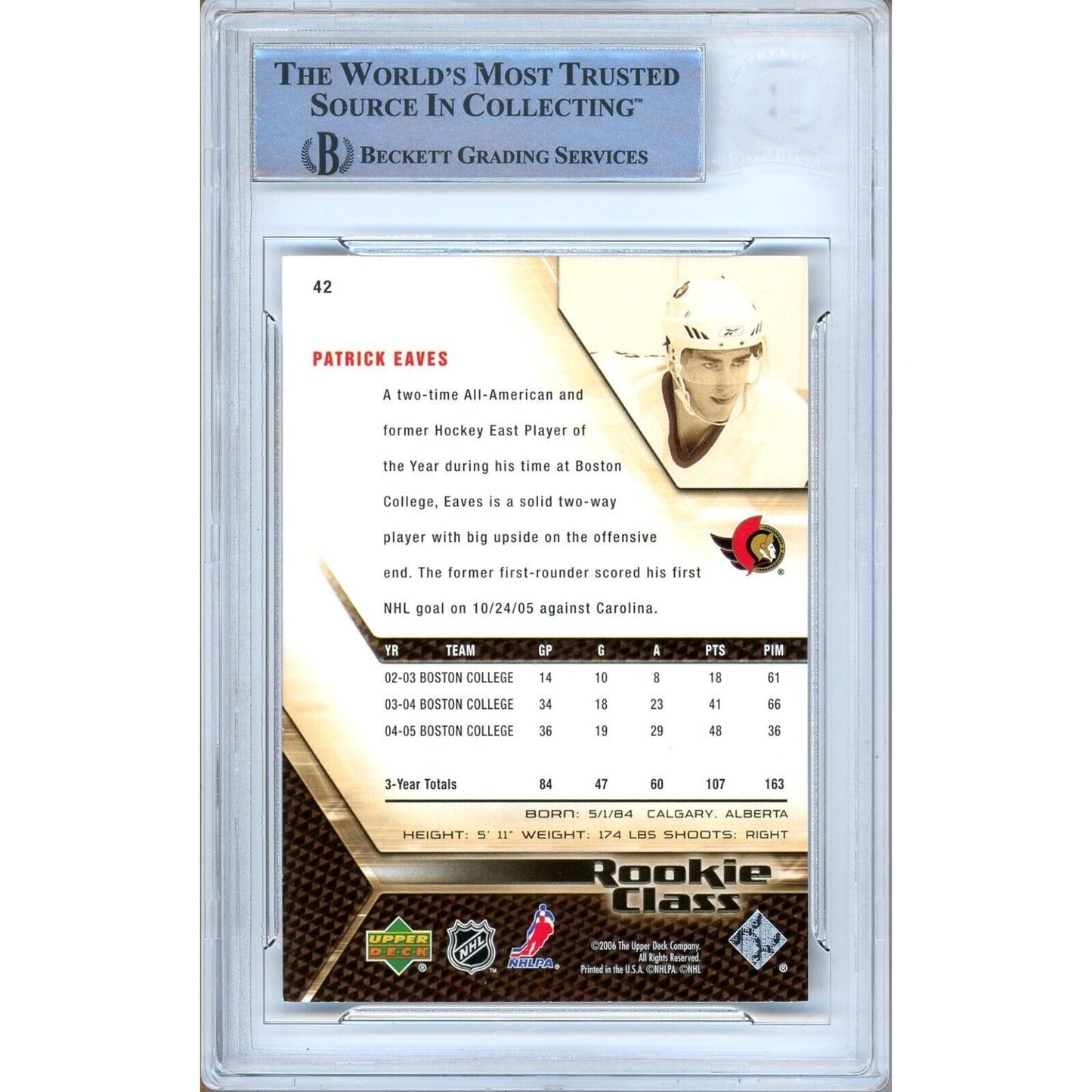 Hockey- Autographed- Patrick Eaves Ottawa Senators Signed 2006-07 Fleer Hockey Card Beckett Authentic Auto Slab Back