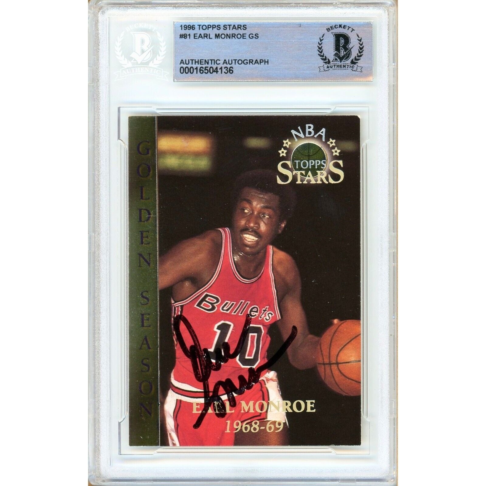 1996 Topps #00016504134 Earl Monroe Washington Bullets Autographed Trading Card – Beckett BAS