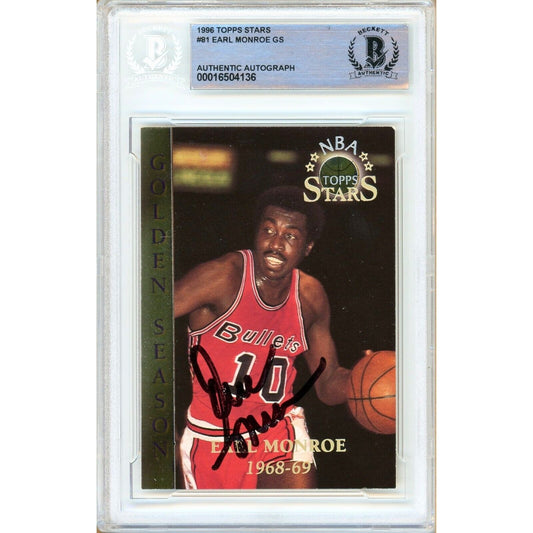 Basketballs- Autographed- Earl Monroe Washington Bullets (Wizards) Signed 1996 Topps Stars Basketball Card Beckett Authentic Auto Slab Front