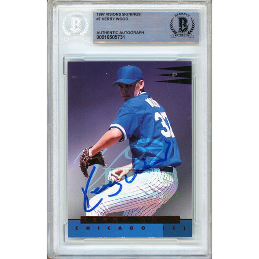 Baseballs- Autographed- Kerry Wood Chicago Cubs Signed 1997 Visions Signings Rookie Baseball Card Beckett Authentic Auto Slab Front