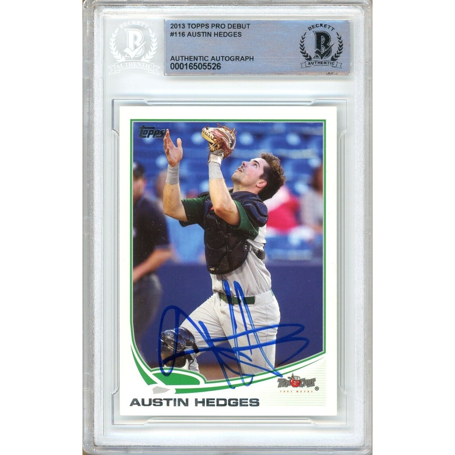 Baseballs- Autographed- Austin Hedges Cleveland Guardians Signed 2013 Topps Pro Debut Rookie Card Beckett Authentic Auto Slab Front