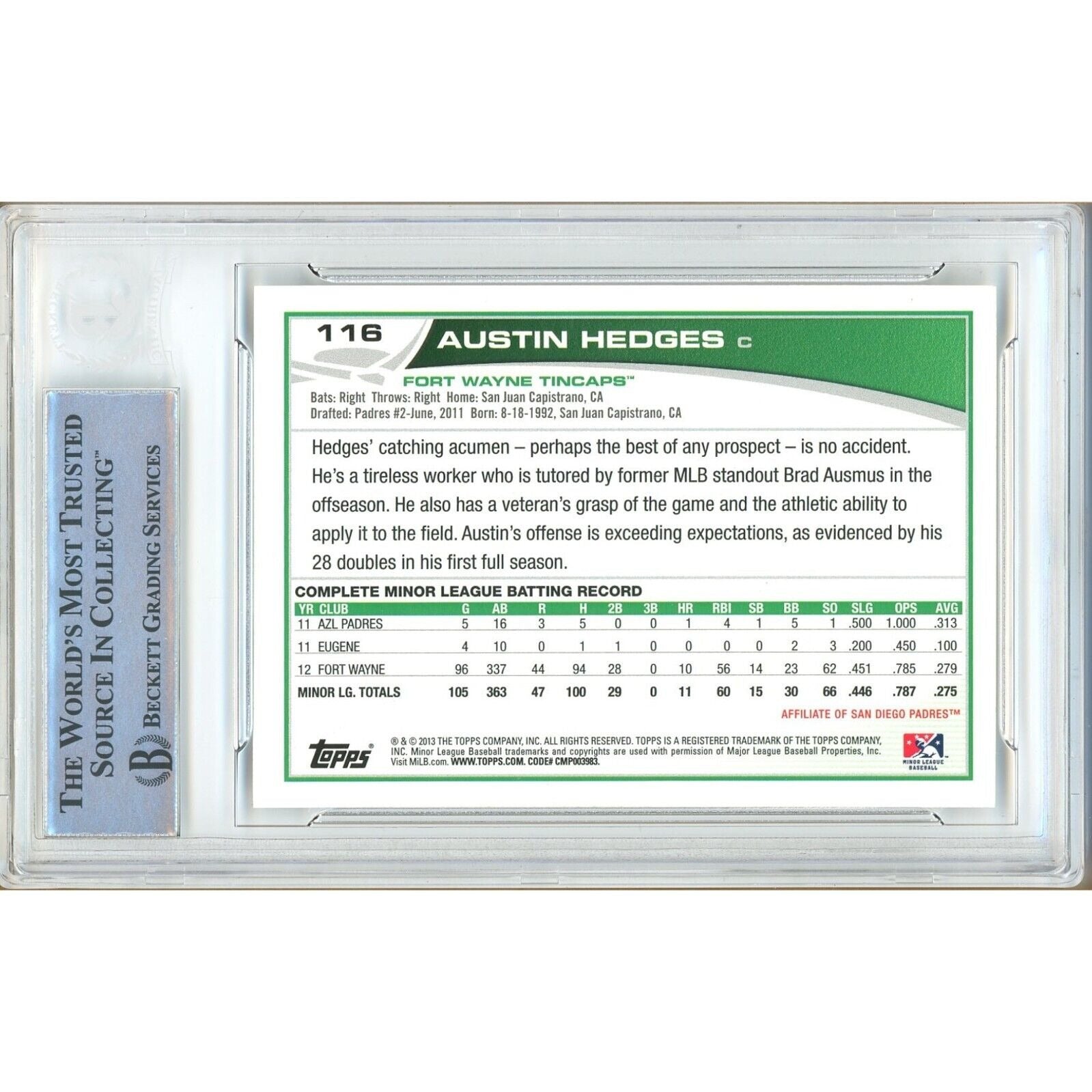 2013 Topps #116 Austin Hedges Cleveland Guardians Signed Trading Card – Beckett BAS