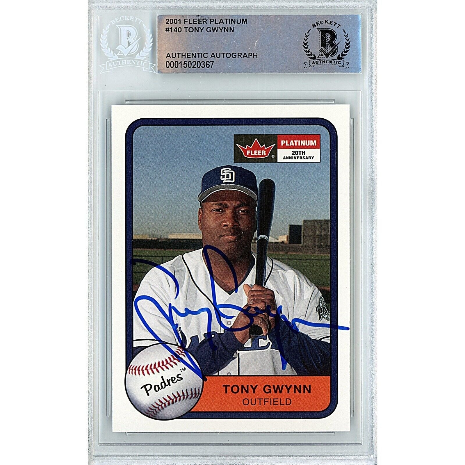 Baseballs- Autographed- Tony Gwynn San Diego Padres Signed 2001 Fleer Platinum Trading Card Beckett Authentic Auto Slab Front