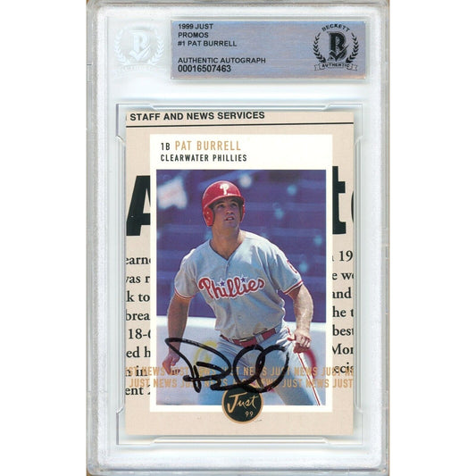 Baseballs- Autographed- Pat Burrell Philadelphia Phillies Signed 1999 Just Promos Rookie Baseball Card Beckett Authentic Auto Slab Front