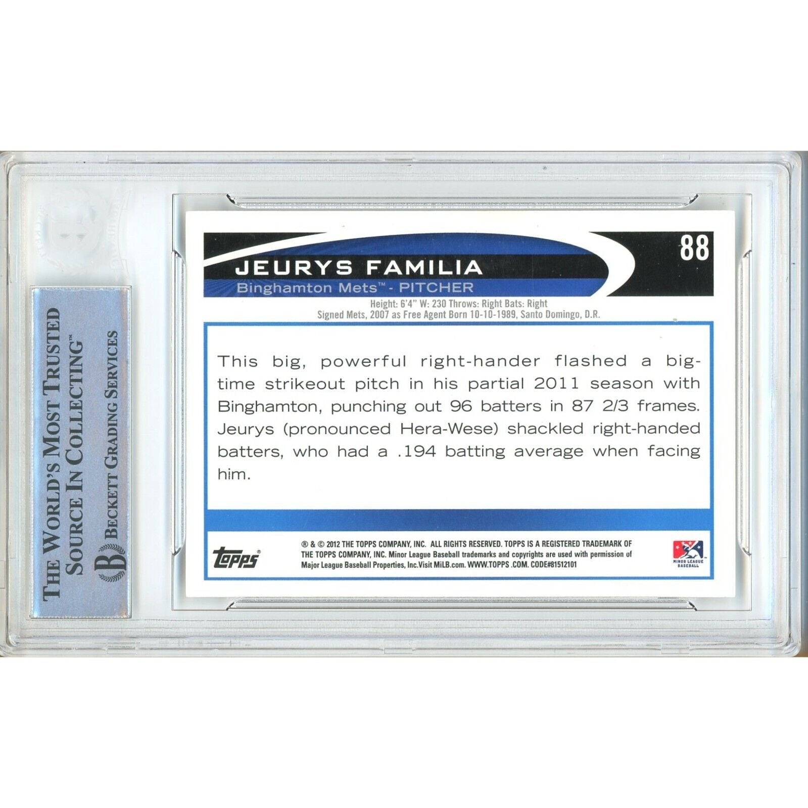 Jeurys Familia New York Mets signed trading card – signature close-up – Beckett COA