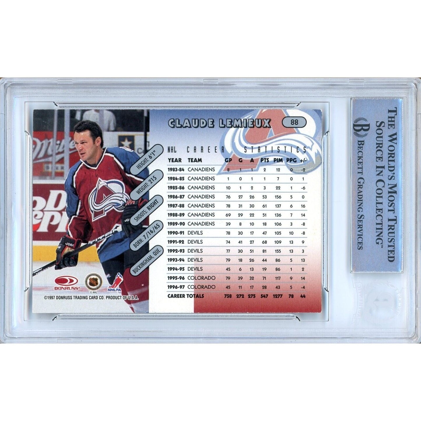 Hockey- Autographed- Claude Lemieux Colorado Avalanche Signed 1997-98 Donruss Hockey Card Beckett Authentic Auto Slab Back