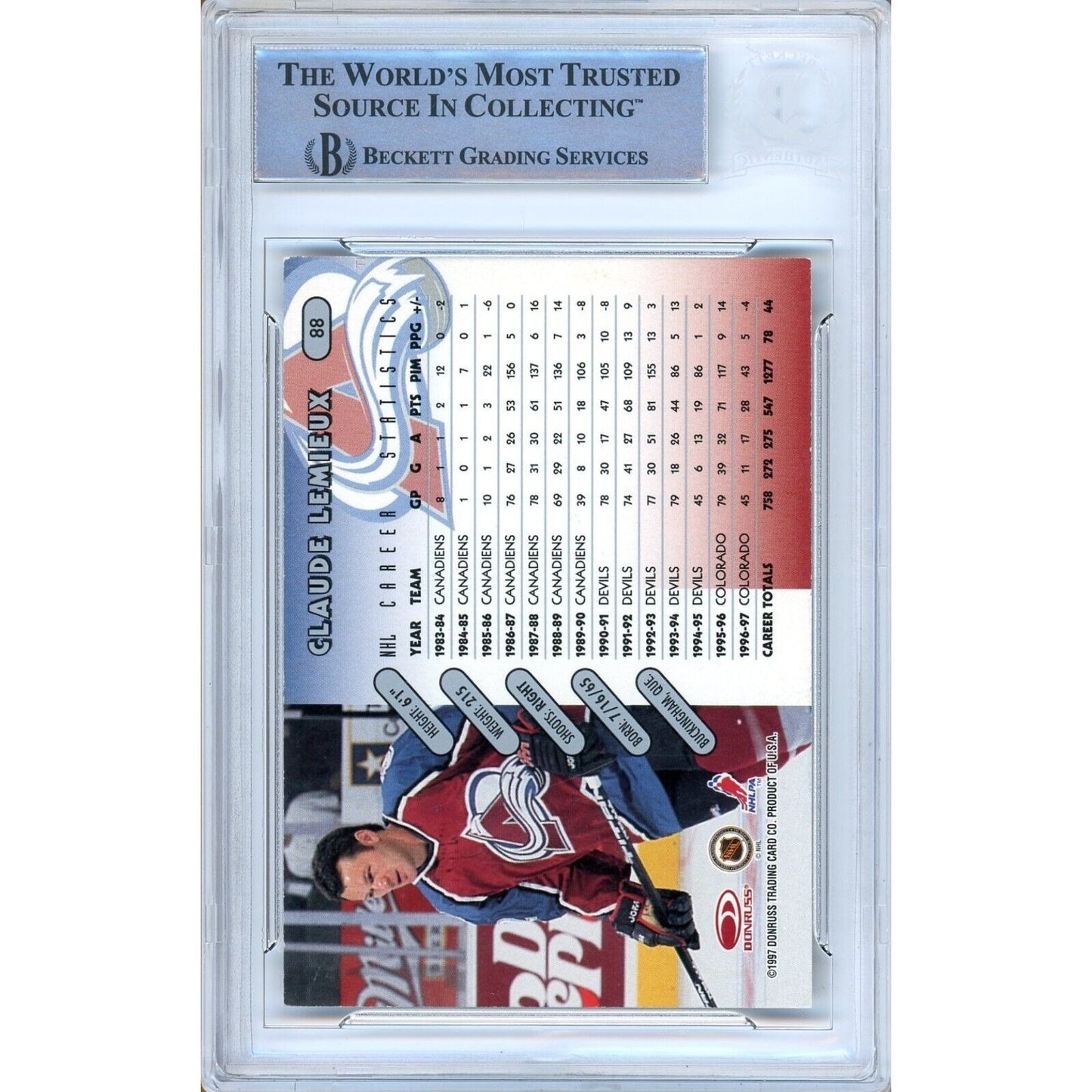 Hockey- Autographed- Claude Lemieux Colorado Avalanche Signed 1997-98 Donruss Hockey Card Beckett Authenticated Auto Slab Back