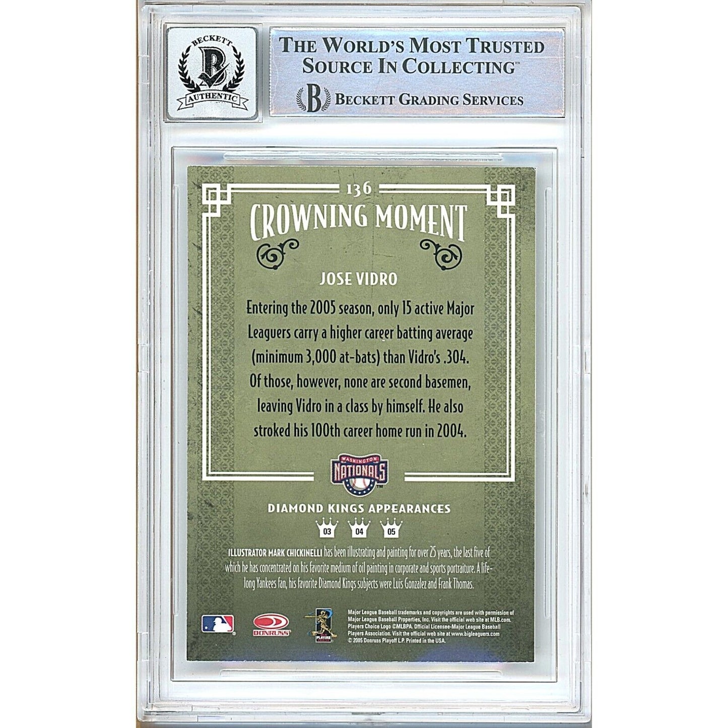 Baseballs- Autographed- Jose Vidro Montreal Expos Signed 2005 Donruss Diamond Kings Baseball Card Beckett Authentic BGS Auto-10 Graded Slab Back