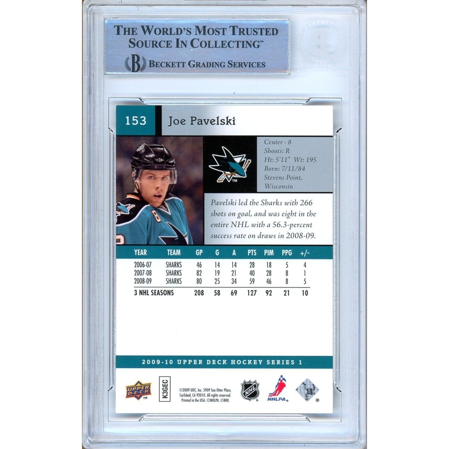 Hockey- Autographed- Joe Pavelski San Jose Sharks Signed 2009-10 Upper Deck Hockey Card Beckett Authentic Auto Slab Back