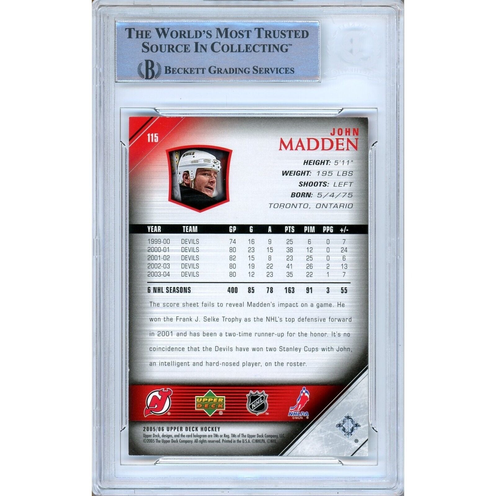 John Madden New Jersey Devils signed trading card – signature close-up – Beckett COA