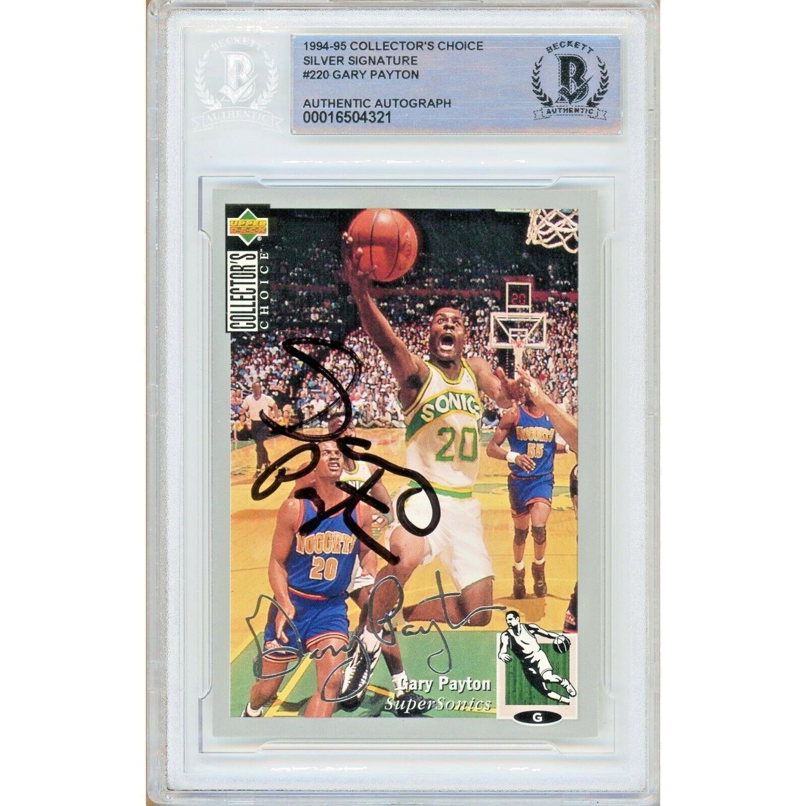 Basketballs- Autographed- Gary Payton Seattle Supersonics Signed 1994-95 Collectors Choice Silver Signature Basketball Card Beckett Authentic Auto Slab Front